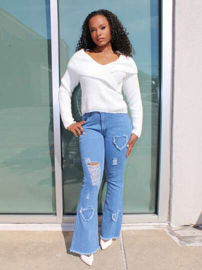 Steph T 女性心形圖案破洞喇叭牛仔褲