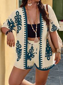 SHEIN Clasi Random Geometric Print Loose Fit Short Sleeve Top And Shorts 2 Pieces Set, Suitable For Vacation, Plus Size - Multicolor - View 4