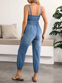 Breezaya 女士腰带口袋休闲褶皱连体裤 - 藍色 - 查看 2