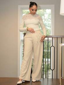 Melissa Matos 现代时尚珍珠装饰口袋女士优雅压褶裤 - 奶油色 - 查看 6