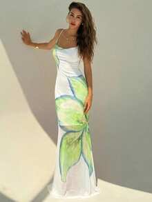 Aloruh Đầm maxi hở lưng lãng mạn phong cách nghỉ dưỡng mới, họa tiết lưới ombre cầu vồng. - Nhiều màu - Xem 7