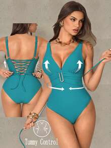 Shapewave 1pc Women's Solid Color Sexy Fashion Deep V Backless Adjustable Strap Metal Decor One-Piece Swimsuit, Spring/Summer Turquoise Bathing Suit Teal Swimsuit Women's Swimsuit One Piece Bathing Suit One Piece Tummy Control Swimsuit - Teal Blue - View 3