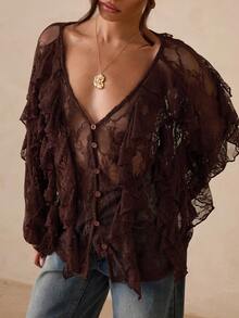 SHEIN Glamour Casual Street Coffee V-Neck Long Sleeve Blouse For Women Brown Lace Top Lace Cover Up Boho Blouses Lace Kimono Sheer Cardigan - Coffee Brown - View 6