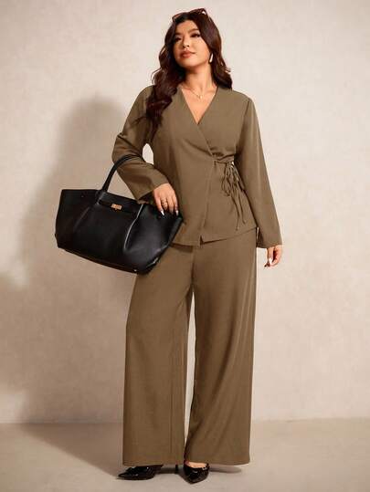 Elaquor Plus Size Women Solid Color Wrap Tie Waist Long Sleeve Jacket And Wide Leg Pants Casual Suit Set Autumn Winter Clothes For Women