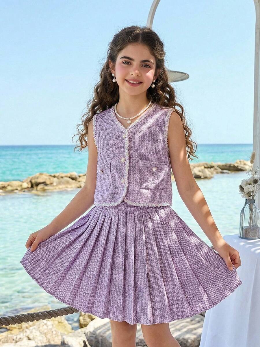 SHEIN 女童无袖蝴蝶结开衫上衣和百褶裙优雅夏季套装 - 紫色 - 查看 1