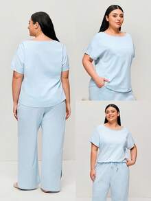 LUVLETTE Set Piyama Wanita Ukuran Besar Musim Panas, Lembut, 100% Katun Murni, Warna Biru, Cocok untuk Bersantai, Pakaian Dalam Pengantin, Pakaian Dalam untuk Wanita Berlekuk Tinggi (Talla Grande). - Biru - View 2