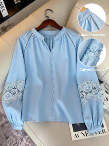 GlowEve CURVE Stylish Plus Size Light Blue Blouse Featuring Notched Neckline And Delicate Cutwork Insert On Long Sleeves - Blue - View 1