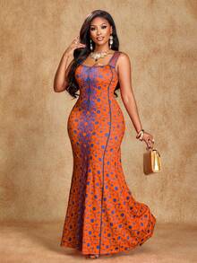 SHEIN LUNE Vestido elegante y sexy para mujer, vestido sin mangas de escote en V, ropa tradicional sudafricana, atuendo para fiestas y té de la tarde, estampado artístico, colores de moda de primavera y verano, vestido para sesión fotográfica artística, ropa para festival de música, ropa de verano para mujer - Naranja - Ver 5