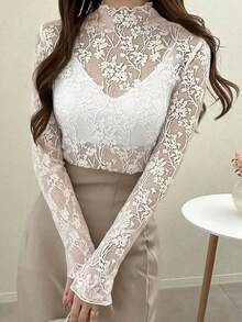 FRIFUL 女士花卉蕾丝领长袖修身衬衫 - 白色 - 查看 3