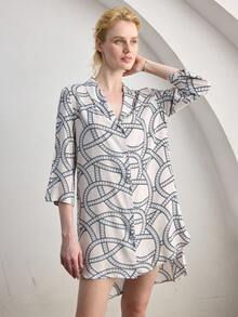 Ocili Women's Comfortable Cotton Wavy Minimalist Abstract Geometric Striped Sleeveless Nightgown - Black and White - View 5