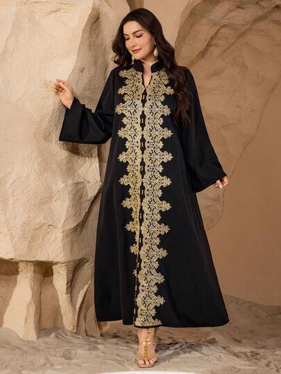 Al Najma Luxurious Gold Beaded Trim Decorated Elegant High-End Hostess Style Long Sleeve Dress, High-Quality Sophisticated Plus Size Turkish/Arabic Traditional Maxi Dress