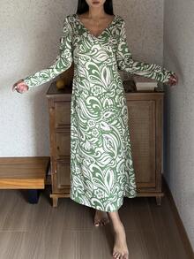 DAZY Charming Floral Print Cinched Waist Long Nightgown For Women Pajamas - Green - View 4