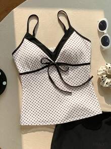 Comfortcana 女士撞色拼接爱心印花系带吊带背心 - 黑色 - 查看 4