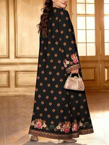 SHEIN Najma Women's Retro Floral & Herringbone Print Elegant Round Neck Maxi Dress With Abaya Cardigan, 2-Piece Set, Spring/Summer - Multicolor - View 2