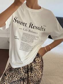 DAZY 女士夏季圆领短袖字母印花宽松休闲街头T恤 - 白色 - 查看 1