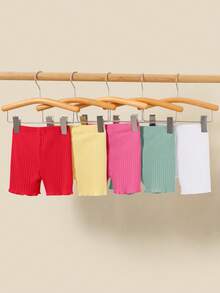 5pcs Baby Girl Casual Solid Color Elastic Waist Knit Shorts Set - Multicolor - View 5
