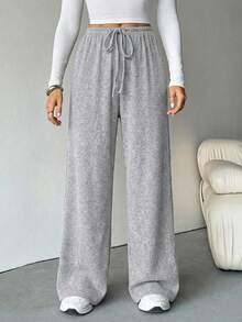 SHEIN Tall Quần ống rộng nữ chất liệu gân, mềm mại, thích hợp cho mùa thu/đông. - Xám - Xem 3