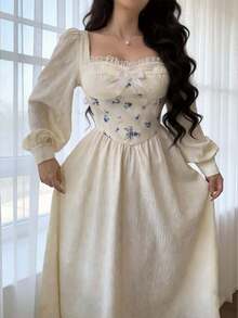 Feyla 女士花卉印花心形领口蕾丝拼接优雅长袖中长连衣裙 - 杏色 - 查看 3