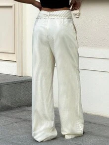 Muchica Women's Casual Vacation & Commute Striped Print Tie-Front Loose Wide Leg Pants,Vacation Outfits Women, Beach Outfits For Woman, Rave Outfits, Hawaii Outfits Women Island Vacation Outfits - Apricot - View 2