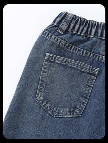 SHEIN Tween Girl Y2K Street Daily Elastic Waist Straight Jeans With Flat Pockets, Girls Daily OOTD Outfits Fall Winter - Dark Wash - View 4