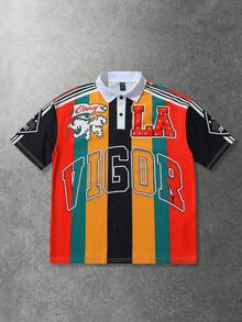 ROMWE MEN Men's Polo Shirt, Daily Casual American Striped College Style English Print Short Sleeve Polo Shirt - Yellow - View 4