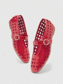 CUCCOO BIZCHIC 女士鞋 法式新款时尚红色镂空方头平底鞋，百搭优雅，舒适透气，轻便简约休闲，高端凉鞋 - 復古紅色 - 查看 10