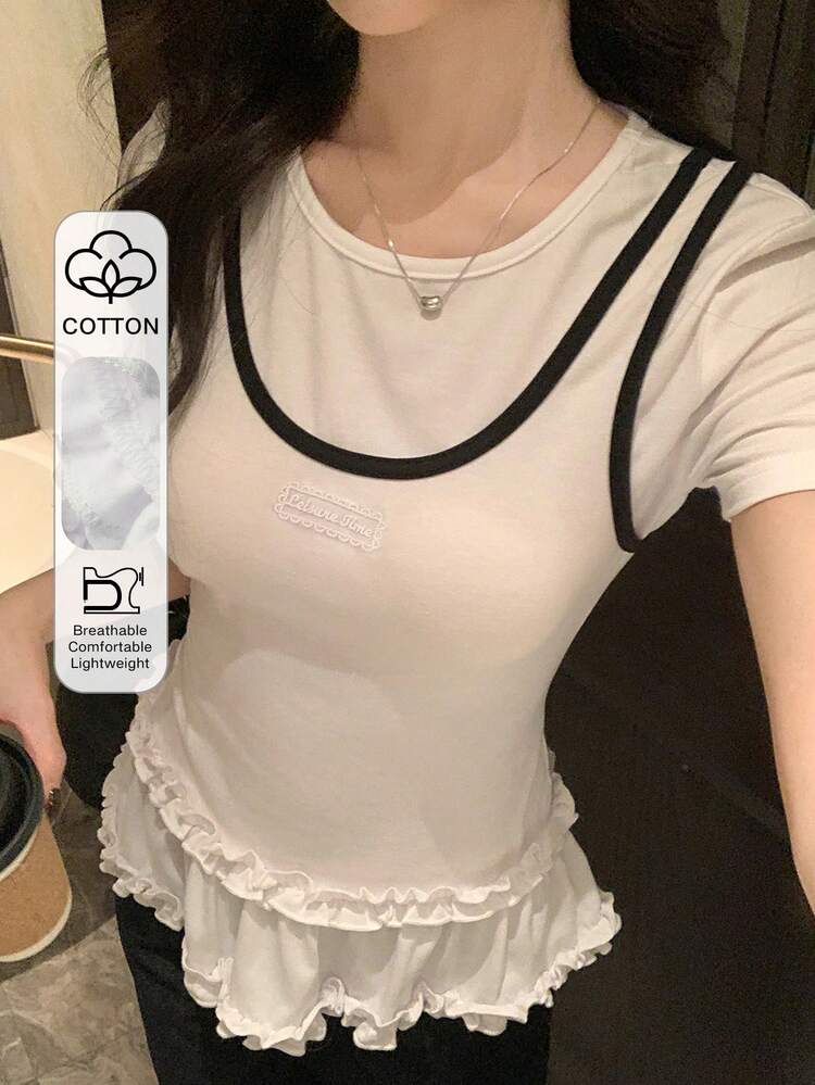 Women's Casual Round Neck Short Sleeve Ruffle Hem T-Shirt Summer