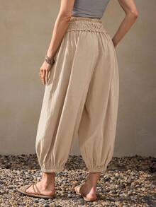 Wildy 波西米亚风夏季休闲美式乡村风绿色灯笼裤，松紧腰带，七分裤长 - 卡其色 - 查看 2