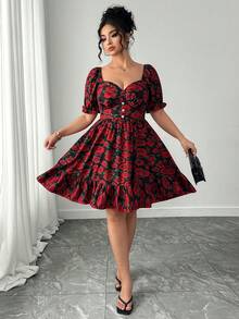 Elenzga 情人节加大码女士优雅浪漫印花褶皱纽扣腰带中长连衣裙，情人节 - 紅色 - 查看 7