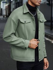 Manfinity CasualCool 男士休闲纯色纽扣开襟插肩羊毛混纺夹克，秋冬款 - 薄荷綠 - 查看 3