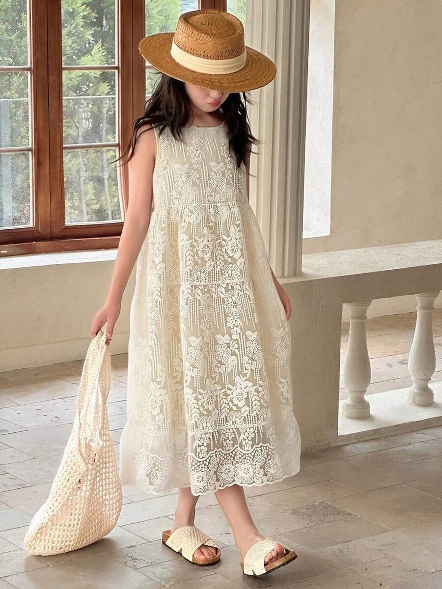 Dazy Kids Tween Girls Sleeveless Ditsy Floral Dress, Summer - Beige - View 1