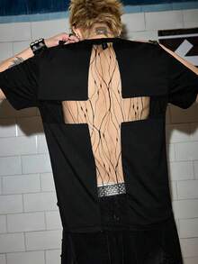 ROMWE MEN Grunge Punk Men's Sexy Mesh Patchwork Backless Short Sleeve T-Shirt, Spring/Summer - Black - View 6