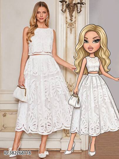 Amorya Women's New Elegant Solid Color Water-Soluble Lace Vest Top & Women's Skirt 2-Piece Set Brunch Outfits For Women Wedding Guest Dress Tropical Vacation Outfits