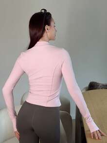 Abrilcols Chaqueta de manga larga ajustada con cuello alto elástico de unicolor para mujer, casual y deportiva, para primavera/otoño - Rosa - Ver 2