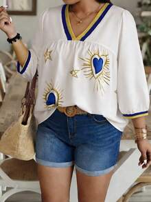 Weeklong Random Print Plus Size V-Neck Long Sleeve Shirt - Multicolor - View 5