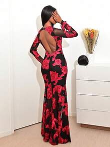 Mima John Vestido ajustado ajustado elegante, romántico y delicado con bordado floral y espalda descubierta tipo sirena para vestir en Año Nuevo, vestido largo para mujer - Rojo - Ver 2