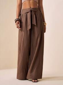 Zivah 2026春夏新款婚礼季、音乐节、复活节、西部风、游牧风、波西米亚风、纳什维尔风格腰带褶裥阔腿裤，带真口袋，竖纹面料，春夏通勤休闲，优雅度假风，休闲长裤 - 咖啡棕 - 查看 4