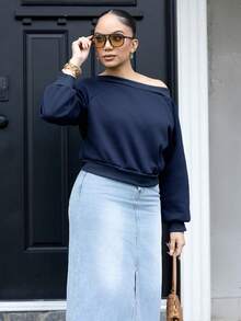 Melissa Matos Women Off Shoulder Long Sleeve Sweatshirt,Long Sleeve Tops,Fall Clothes - Navy Blue - View 4