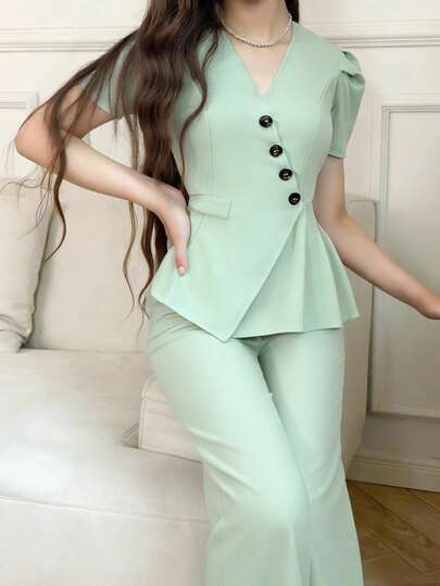 Elladie kids Teen Girls Solid Color Cross Wrap Petal Sleeve Ruffle Hem Elegant T-Shirt Set, Summer