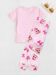 SHEIN 2件套女婴针织可爱图案圆领休闲T恤和长裤家居服套装 - 彩色 - 查看 5