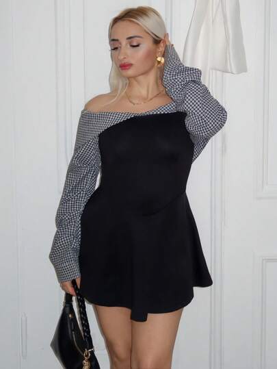 salliqueen 女式秋冬学院风简约巴多褶饰腰部撞色迷你连衣裙，凸显身材