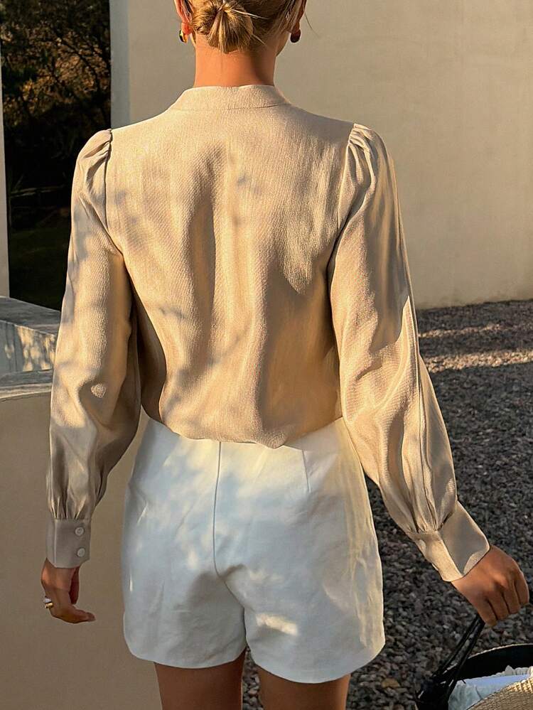 Women's Solid Color Mandarin Collar Button Decor Shirt, Suitable For Daily Commute