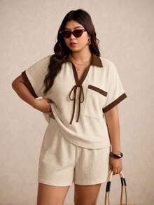 Elaquor Plus Size Contrast Color Short Sleeve Top & Solid Shorts 2 Pieces Set - Apricot - View 1