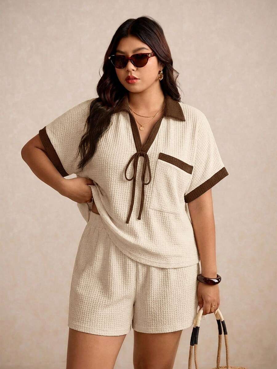Elaquor Plus Size Contrast Color Short Sleeve Top & Solid Shorts 2 Pieces Set - Apricot - View 1