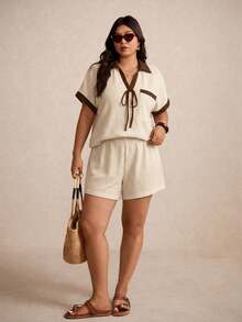 Elaquor Plus Size Contrast Color Short Sleeve Top & Solid Shorts 2 Pieces Set - Apricot - View 4