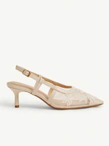 CUCCOO CHICEST New Embroidered Mesh Beaded Square Toe Mid-Heel Black Fashion Elegant Party Ankle Strap Pumps For Women - Beige - View 3