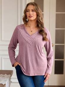 SHEIN LUNE 加大碼肋紋修身長袖t恤 - 粉色 - 查看 5