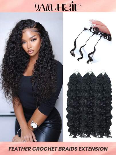 Boho Braids 1 PC Water Wave Narural Black Crochet Human Hair Extensions Knotless Pre-Seperated Feather Human Hair Black 18-24 Inch 100G