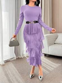 Modelyn 优雅纯色流苏修身连衣裙，适合女性 - 紫色 - 查看 7