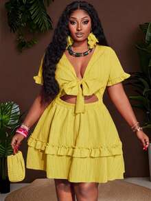 Slaydiva Plus Size Women's Mustard Yellow Summer Boho Vacation Holiday Fitted Ruffle Trim Chest Tie Front A-Line Mini Dress,Woven Textured Fabric - Yellow - View 2